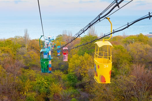 ODESSA, UKRAINE - NOVEMBER 26, 2020: View of a famous cable car in Odessa with the sea in the background.