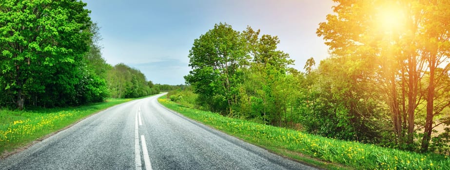 asphalt road panorama in countryside on sunny spring day