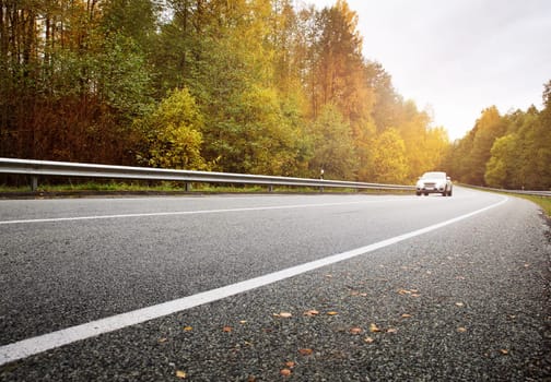 asphalt road with beautiful trees on the sides in autumn