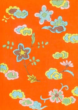 Beautiful vintage Japanese drawn art background with flowers on a bold red background.