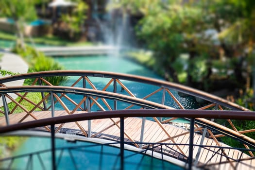 Exterior resort garden with wooden material, stock photo