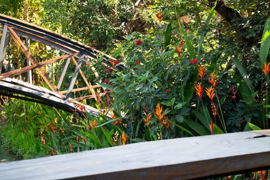 Exterior resort garden with wooden material, stock photo