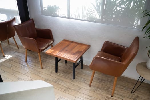 Interior working space wooden furniture, stock photo