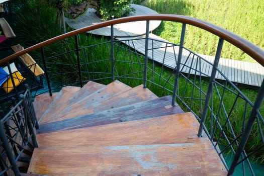 Exterior resort garden with wooden material, stock photo