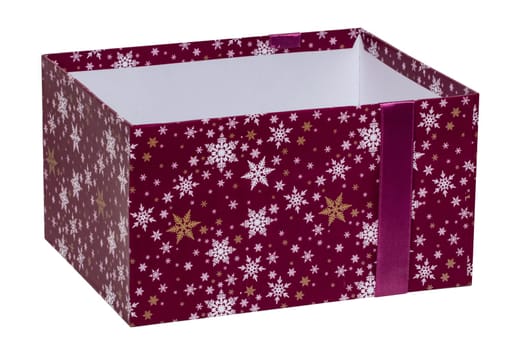 Gift box isolated. Close-up of a opened pink present or gift box with ribbon bow isolated on a white background. Birthday, valentine, anniversary or other holidays. Macro photograph.