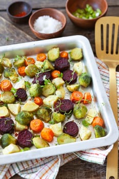 Oven roasted winter vegetables with fresh herbs