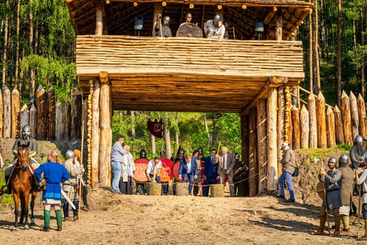 Cedynia, Poland June 2019 Historical reenactment of Battle of Cedynia, governor and other officials cutting ribbon and opening new wooden fort
