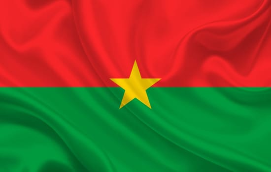 Flag of Burkina Faso country on wavy silk fabric background panorama - illustration