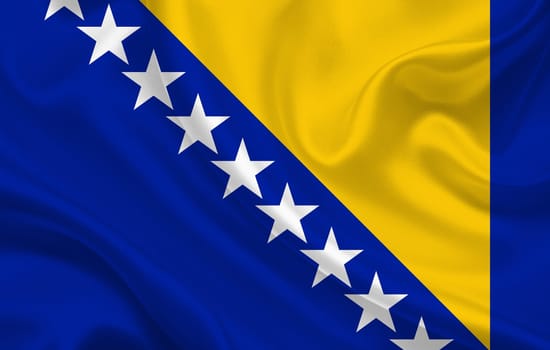 Bosnia and Hercegovina country flag on wavy silk fabric panorama background - illustration
