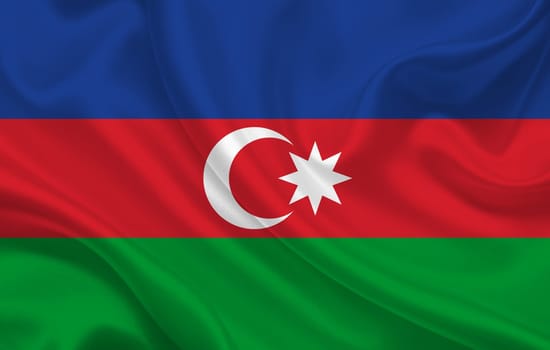 Azerbaijan country flag on wavy silk fabric