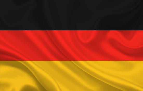 Flag of Germany country on wavy silk fabric background panorama - illustration