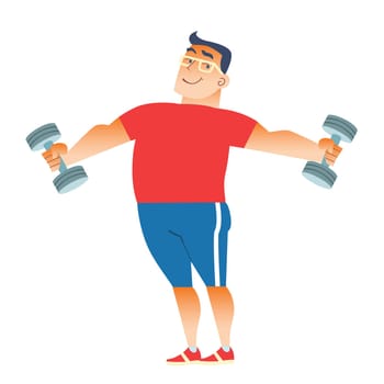Fat man plays sports with dumbbells. Weight loss health gymnastics