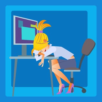 businesswoman sleeping at the computer fatigue working girl. Office and employees