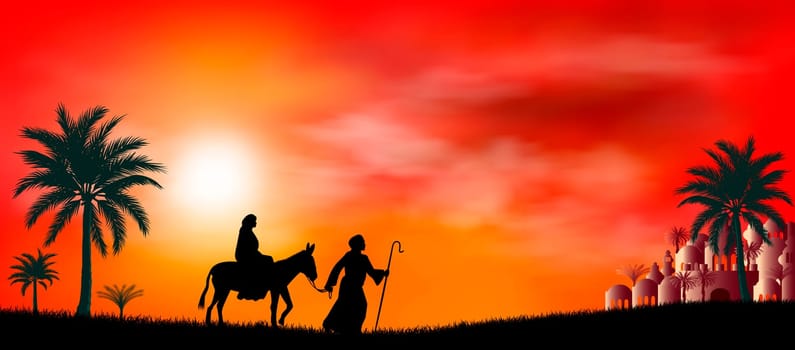 Virgin Mary and Joseph at sunset. Their journey. Desert, sun, city of Bethlehem. Biblical scene on the eve of the birth of Jesus. Christmas.