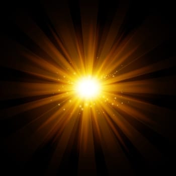 Bright blinding sun on a black background - Illustration