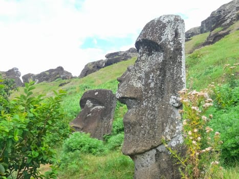 Statues of the gods of Easter Island. Ancient statues of ancient civilization on Easter Island.