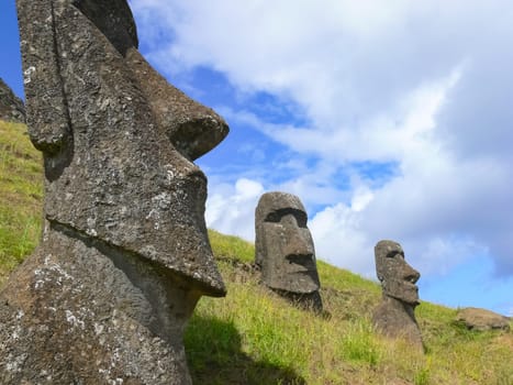 Statues of the gods of Easter Island. Ancient statues of ancient civilization on Easter Island.