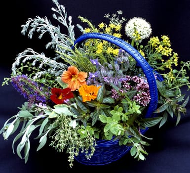 Kraeuterkorb,  Kuechenkraeuter, Kraeuter, Korb, bunt, gemischt, Heilpflanzen