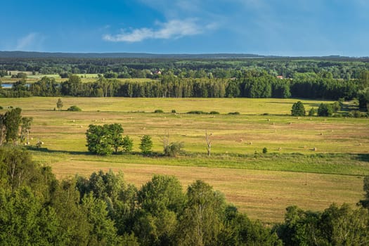 Summer rural landscape with sheafs of hay on agriculture fields, forest and Oder River, country border between Germany and Poland