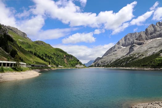 The Fedaia Reservoir in the Dolomites in South Tyrol