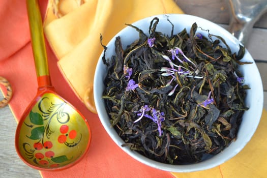 Blooming sally dried tea. Epilobium angustifolium, Epilobium, Purple Alpine Fireweed. Belarusian traditiona helthy cuisine. Top view