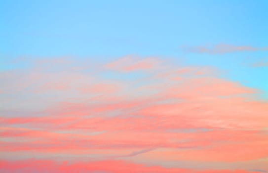Colorful clouds on sunset sky, natural background in blue and pink or coral