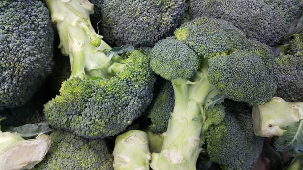 Green fresh broccoli pile placed in market for sale. A Close up top view