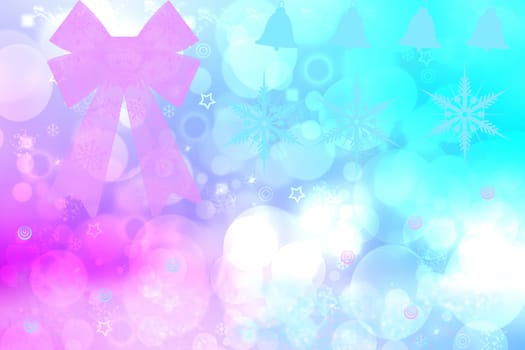 Christmas card template. Abstract festive natural colorful winter christmas background texture with a pink bokeh lighted xmas ribbon bow and stars. Beautiful card design. Space.