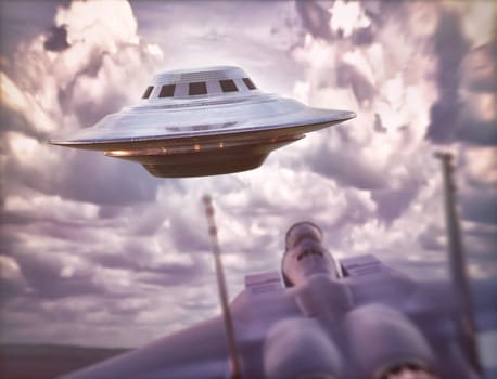 Supersonic airplane chasing UFO. Unidentified flying object flying over the sky. 3D illustration.