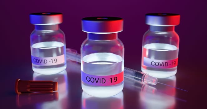 Concept of danger and fear from vaccine against coronavirus 3d render. Three flasks and needle illuminated by red and blue light in laboratory. Prevention from covid-19 disease.