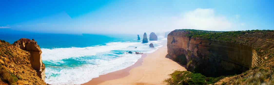 The Twelve Apostles, a famous collection of limestone stacks off the shore of the Port Campbell National Park, by the Great Ocean Road in Victoria, Australia.