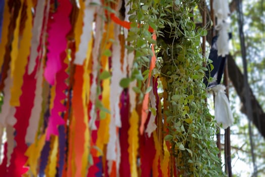 Hanging colorful fabric decorated in the garden, stock photo