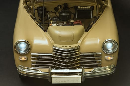 engine bay view under the raised hood of a retro car Gaz M-20