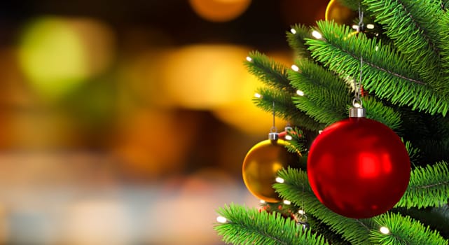 Decorated Christmas tree on blurred background.