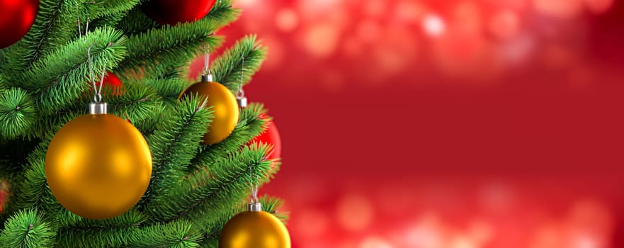 Decorated Christmas tree on red blurred background.