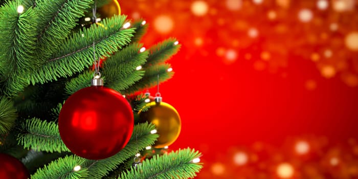 Close up of balls on christmas tree. Bokeh garlands in the red background. New Year concept.