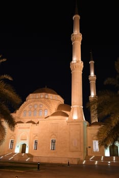 The illuminated Sultan Said bin Taimur Mosque near Muscat in Oman at night
