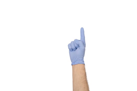 Hands gestures. human hands in latex glove with index finger up isolated on white background with copy space.