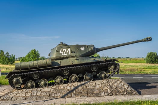 Stare Lysogorki, Poland, June 2019 A monument tank, Soviet heavy tank SI 2 from World War II near Siekierkowski military cemetery