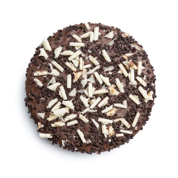 Sweet chocolate pie. Cake with chocolate sprinkles isolated on white background.