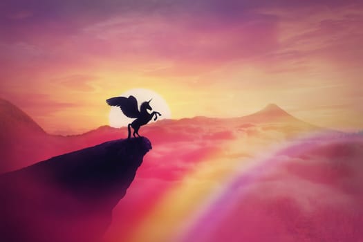 Wild pegasus silhouette on a cliff edge against a pink paradise sunset. Magical background, surreal creature as unicorn with wings, over the rainbow. Freedom and adventure concept, secret dreamland..