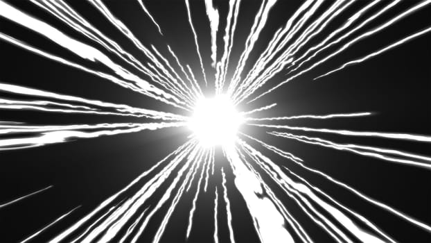 Computer generated fast flight of colorful light stripes from the upper side. 3d rendering abstract background with energy flow and long rays
