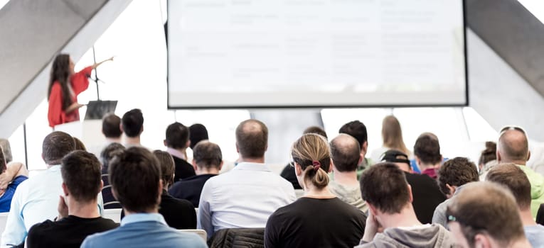 Woman giving presentation in lecture hall. Male speeker having talk at public event. Participants listening to lecture. Rear view, focus on people in audience.
