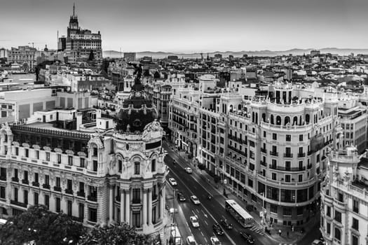 Panoramic aerial view of Gran Via, main shopping street in Madrid, capital of Spain, Europe.
