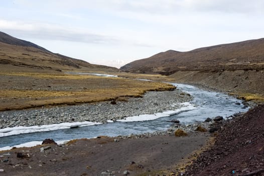 A mountain river in Tibet. The waters of the Himalayas.