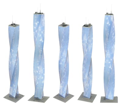 5 renders of fictional design skyscrapers with helix construction with blue sky reflection - isolated, high view 3d illustration of skyscrapers