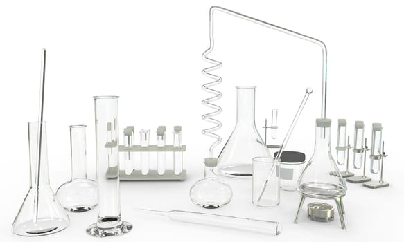 3D illustration of objects - laboratory test-tubes with various chemical glassware empty on white background - study concept background