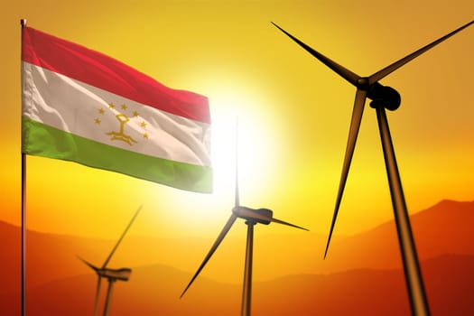 Tajikistan wind energy, alternative energy environment concept with turbines and flag on sunset - alternative renewable energy - industrial illustration, 3D illustration