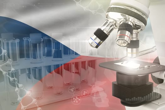 Microscope on Czechia flag - science development digital background. Research of vaccine design concept, 3D illustration of object
