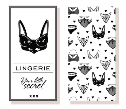 Logo and seamless pattern for Fashionable women's lingerie collection, illustration sketch. BRAND STYLE of women's lace underwear, panties, bras, corsets, bodies, garters, stockings, pajamas